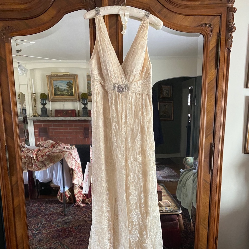 MARC BOUWER floor length champagne beaded gown